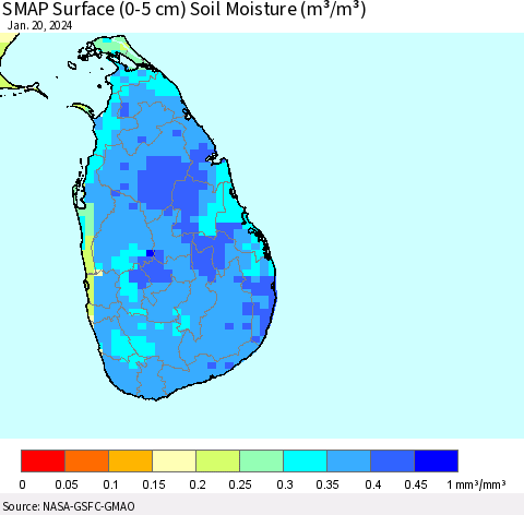 Sri Lanka SMAP Surface (0-5 cm) Soil Moisture (m³/m³) Thematic Map For 1/16/2024 - 1/20/2024