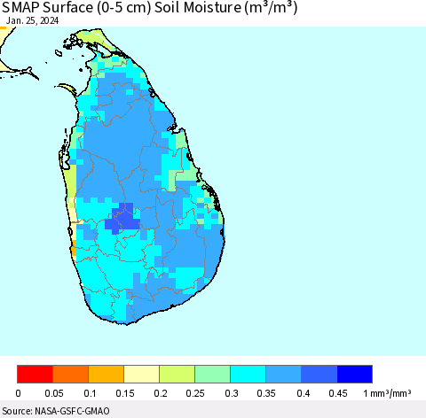 Sri Lanka SMAP Surface (0-5 cm) Soil Moisture (m³/m³) Thematic Map For 1/21/2024 - 1/25/2024