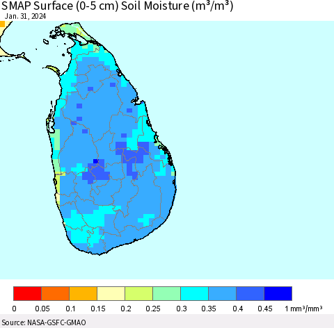 Sri Lanka SMAP Surface (0-5 cm) Soil Moisture (m³/m³) Thematic Map For 1/26/2024 - 1/31/2024