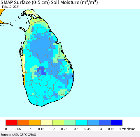 Sri Lanka SMAP Surface (0-5 cm) Soil Moisture (m³/m³) Thematic Map For 2/6/2024 - 2/10/2024