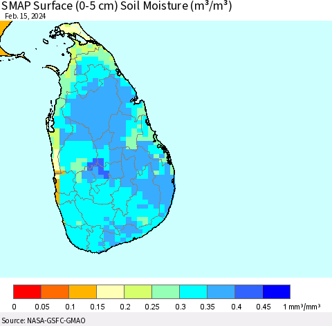 Sri Lanka SMAP Surface (0-5 cm) Soil Moisture (m³/m³) Thematic Map For 2/11/2024 - 2/15/2024