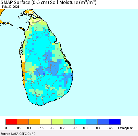 Sri Lanka SMAP Surface (0-5 cm) Soil Moisture (m³/m³) Thematic Map For 2/16/2024 - 2/20/2024