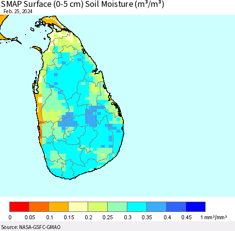 Sri Lanka SMAP Surface (0-5 cm) Soil Moisture (m³/m³) Thematic Map For 2/21/2024 - 2/25/2024