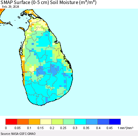Sri Lanka SMAP Surface (0-5 cm) Soil Moisture (m³/m³) Thematic Map For 2/26/2024 - 2/29/2024