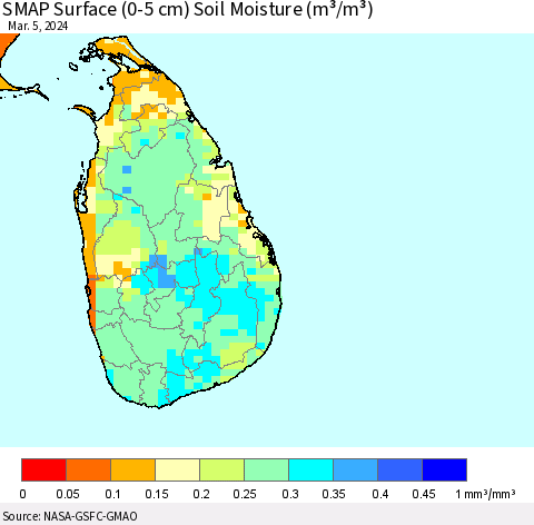 Sri Lanka SMAP Surface (0-5 cm) Soil Moisture (m³/m³) Thematic Map For 3/1/2024 - 3/5/2024