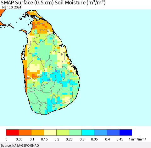 Sri Lanka SMAP Surface (0-5 cm) Soil Moisture (m³/m³) Thematic Map For 3/6/2024 - 3/10/2024