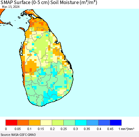 Sri Lanka SMAP Surface (0-5 cm) Soil Moisture (m³/m³) Thematic Map For 3/11/2024 - 3/15/2024