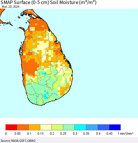 Sri Lanka SMAP Surface (0-5 cm) Soil Moisture (m³/m³) Thematic Map For 3/16/2024 - 3/20/2024