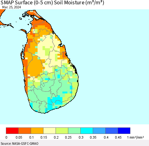 Sri Lanka SMAP Surface (0-5 cm) Soil Moisture (m³/m³) Thematic Map For 3/21/2024 - 3/25/2024