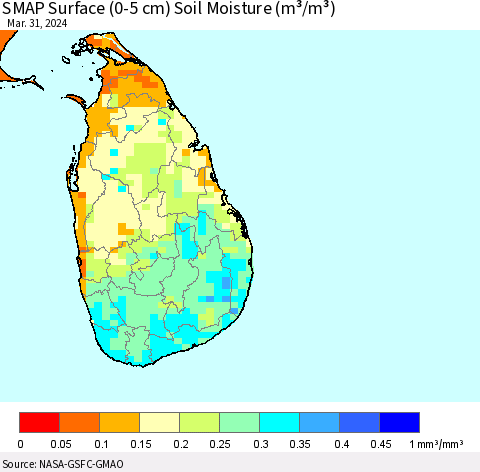 Sri Lanka SMAP Surface (0-5 cm) Soil Moisture (m³/m³) Thematic Map For 3/26/2024 - 3/31/2024