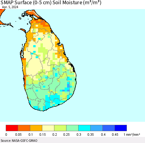 Sri Lanka SMAP Surface (0-5 cm) Soil Moisture (m³/m³) Thematic Map For 4/1/2024 - 4/5/2024