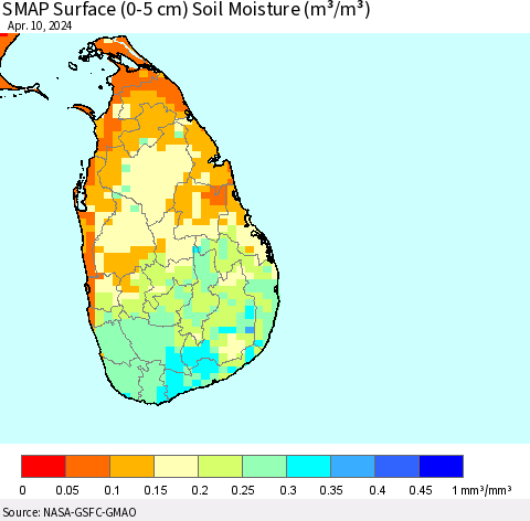 Sri Lanka SMAP Surface (0-5 cm) Soil Moisture (m³/m³) Thematic Map For 4/6/2024 - 4/10/2024