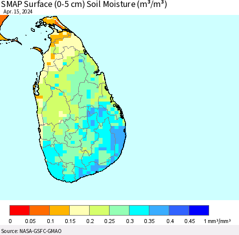 Sri Lanka SMAP Surface (0-5 cm) Soil Moisture (m³/m³) Thematic Map For 4/11/2024 - 4/15/2024