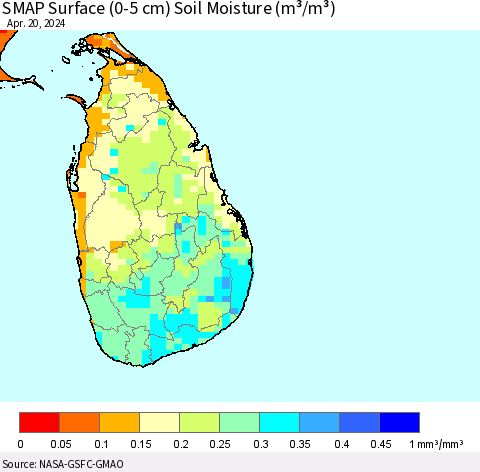 Sri Lanka SMAP Surface (0-5 cm) Soil Moisture (m³/m³) Thematic Map For 4/16/2024 - 4/20/2024