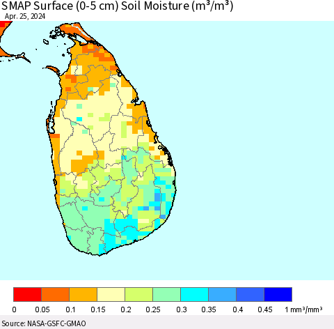 Sri Lanka SMAP Surface (0-5 cm) Soil Moisture (m³/m³) Thematic Map For 4/21/2024 - 4/25/2024