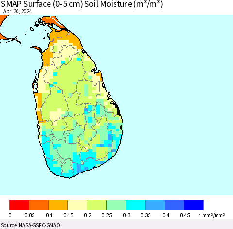 Sri Lanka SMAP Surface (0-5 cm) Soil Moisture (m³/m³) Thematic Map For 4/26/2024 - 4/30/2024