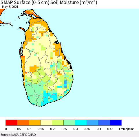 Sri Lanka SMAP Surface (0-5 cm) Soil Moisture (m³/m³) Thematic Map For 5/1/2024 - 5/5/2024