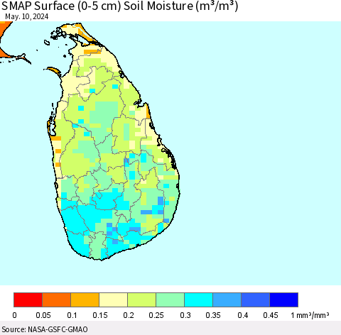 Sri Lanka SMAP Surface (0-5 cm) Soil Moisture (m³/m³) Thematic Map For 5/6/2024 - 5/10/2024