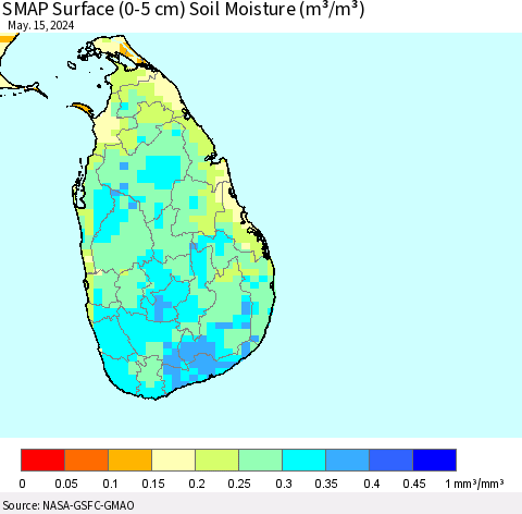 Sri Lanka SMAP Surface (0-5 cm) Soil Moisture (m³/m³) Thematic Map For 5/11/2024 - 5/15/2024
