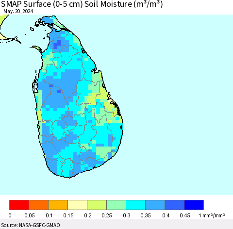 Sri Lanka SMAP Surface (0-5 cm) Soil Moisture (m³/m³) Thematic Map For 5/16/2024 - 5/20/2024