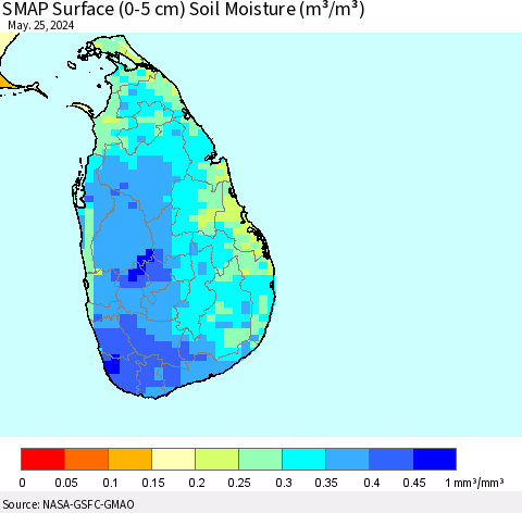Sri Lanka SMAP Surface (0-5 cm) Soil Moisture (m³/m³) Thematic Map For 5/21/2024 - 5/25/2024
