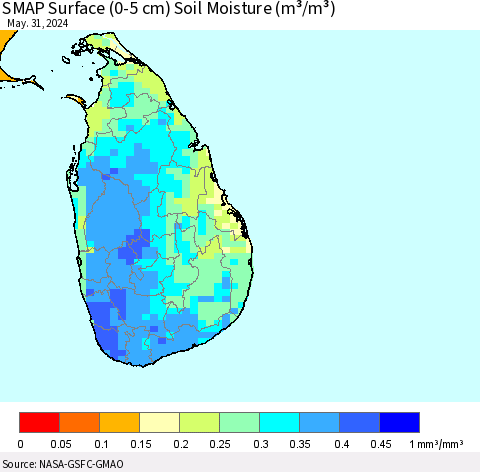 Sri Lanka SMAP Surface (0-5 cm) Soil Moisture (m³/m³) Thematic Map For 5/26/2024 - 5/31/2024