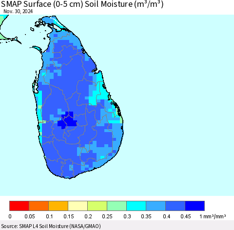 Sri Lanka SMAP Surface (0-5 cm) Soil Moisture (m³/m³) Thematic Map For 11/26/2024 - 11/30/2024