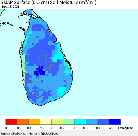 Sri Lanka SMAP Surface (0-5 cm) Soil Moisture (m³/m³) Thematic Map For 12/11/2024 - 12/15/2024