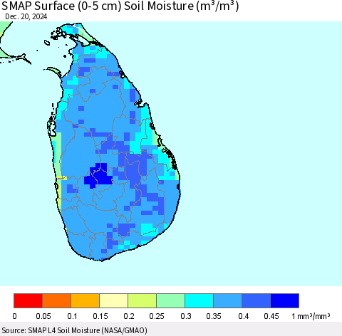 Sri Lanka SMAP Surface (0-5 cm) Soil Moisture (m³/m³) Thematic Map For 12/16/2024 - 12/20/2024