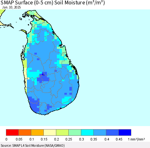 Sri Lanka SMAP Surface (0-5 cm) Soil Moisture (m³/m³) Thematic Map For 1/6/2025 - 1/10/2025