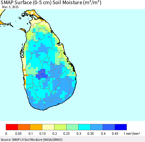 Sri Lanka SMAP Surface (0-5 cm) Soil Moisture (m³/m³) Thematic Map For 3/1/2025 - 3/5/2025