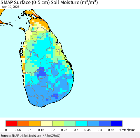 Sri Lanka SMAP Surface (0-5 cm) Soil Moisture (m³/m³) Thematic Map For 4/6/2025 - 4/10/2025