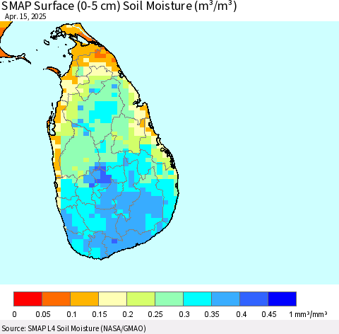 Sri Lanka SMAP Surface (0-5 cm) Soil Moisture (m³/m³) Thematic Map For 4/11/2025 - 4/15/2025