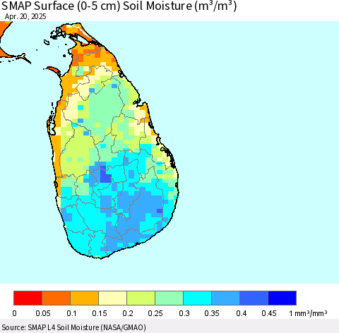 Sri Lanka SMAP Surface (0-5 cm) Soil Moisture (m³/m³) Thematic Map For 4/16/2025 - 4/20/2025