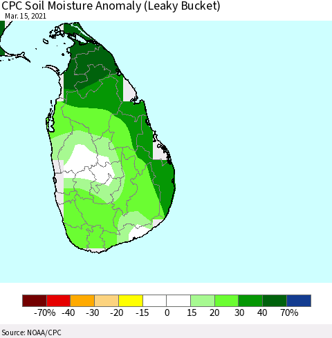 Sri Lanka CPC Soil Moisture Anomaly (Leaky Bucket) Thematic Map For 3/11/2021 - 3/15/2021