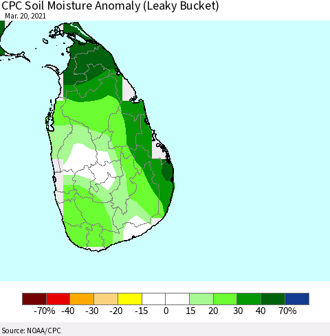 Sri Lanka CPC Soil Moisture Anomaly (Leaky Bucket) Thematic Map For 3/16/2021 - 3/20/2021