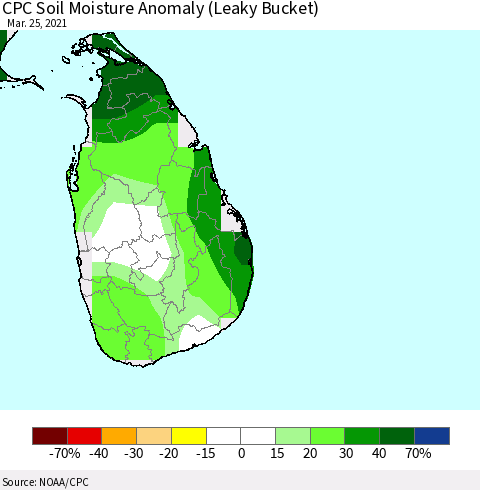 Sri Lanka CPC Soil Moisture Anomaly (Leaky Bucket) Thematic Map For 3/21/2021 - 3/25/2021