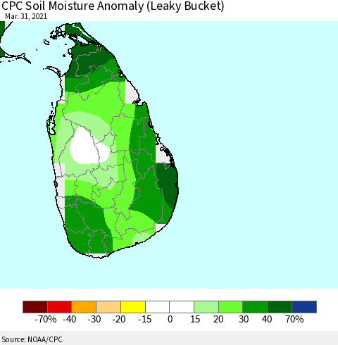Sri Lanka CPC Soil Moisture Anomaly (Leaky Bucket) Thematic Map For 3/26/2021 - 3/31/2021