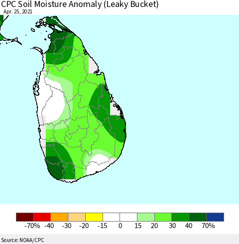 Sri Lanka CPC Soil Moisture Anomaly (Leaky Bucket) Thematic Map For 4/21/2021 - 4/25/2021