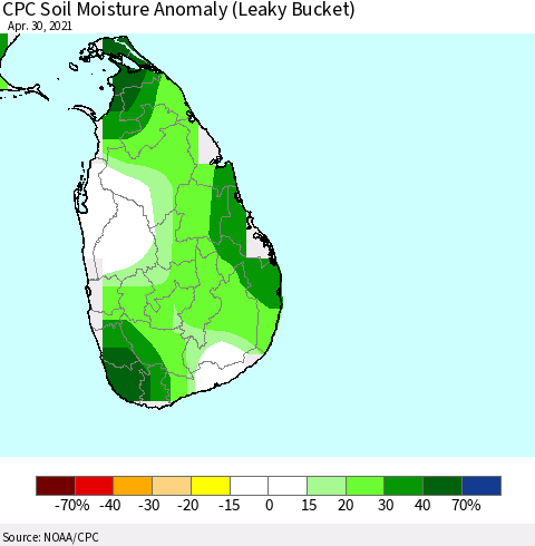 Sri Lanka CPC Soil Moisture Anomaly (Leaky Bucket) Thematic Map For 4/26/2021 - 4/30/2021