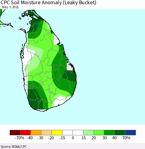 Sri Lanka CPC Soil Moisture Anomaly (Leaky Bucket) Thematic Map For 5/1/2021 - 5/5/2021