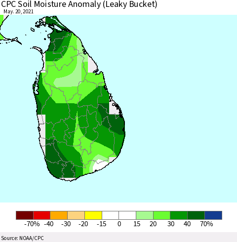 Sri Lanka CPC Soil Moisture Anomaly (Leaky Bucket) Thematic Map For 5/16/2021 - 5/20/2021