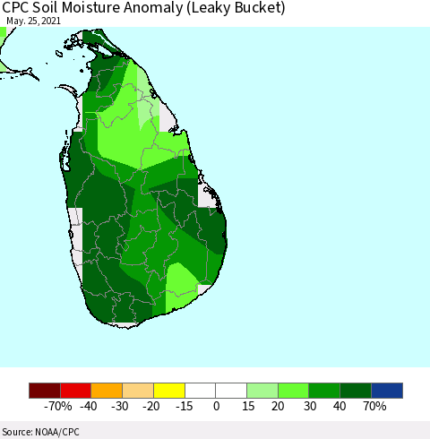 Sri Lanka CPC Soil Moisture Anomaly (Leaky Bucket) Thematic Map For 5/21/2021 - 5/25/2021