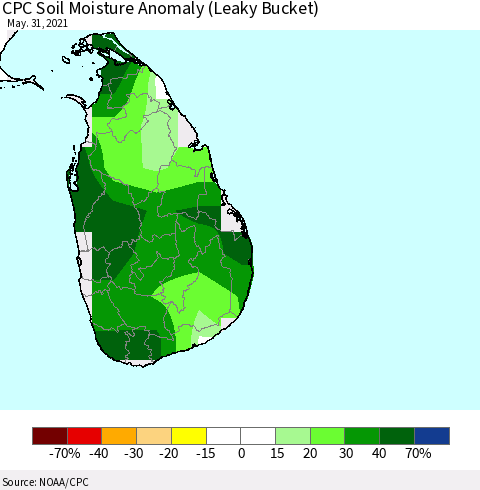 Sri Lanka CPC Soil Moisture Anomaly (Leaky Bucket) Thematic Map For 5/26/2021 - 5/31/2021