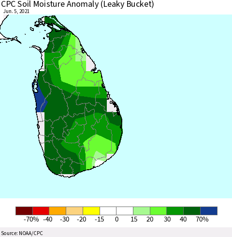 Sri Lanka CPC Soil Moisture Anomaly (Leaky Bucket) Thematic Map For 6/1/2021 - 6/5/2021