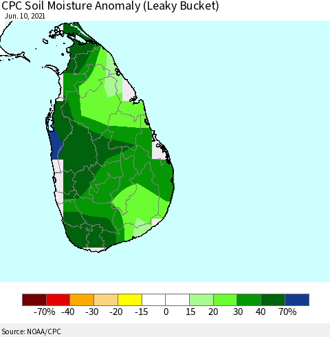 Sri Lanka CPC Soil Moisture Anomaly (Leaky Bucket) Thematic Map For 6/6/2021 - 6/10/2021