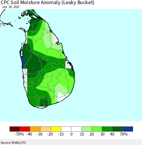 Sri Lanka CPC Soil Moisture Anomaly (Leaky Bucket) Thematic Map For 6/16/2021 - 6/20/2021