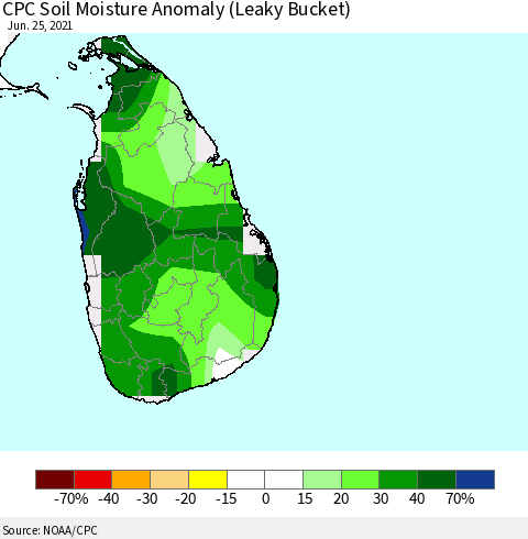 Sri Lanka CPC Soil Moisture Anomaly (Leaky Bucket) Thematic Map For 6/21/2021 - 6/25/2021