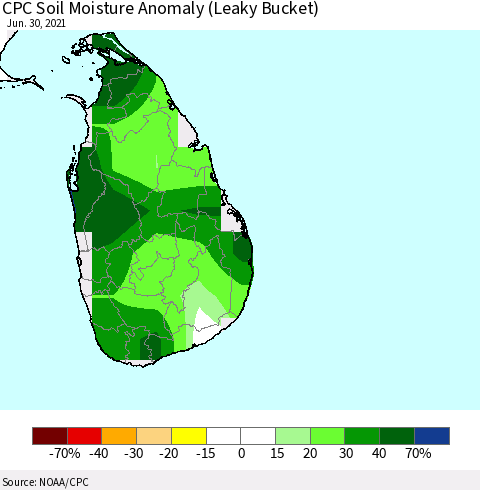 Sri Lanka CPC Soil Moisture Anomaly (Leaky Bucket) Thematic Map For 6/26/2021 - 6/30/2021