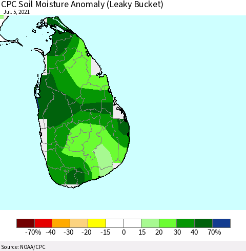 Sri Lanka CPC Soil Moisture Anomaly (Leaky Bucket) Thematic Map For 7/1/2021 - 7/5/2021